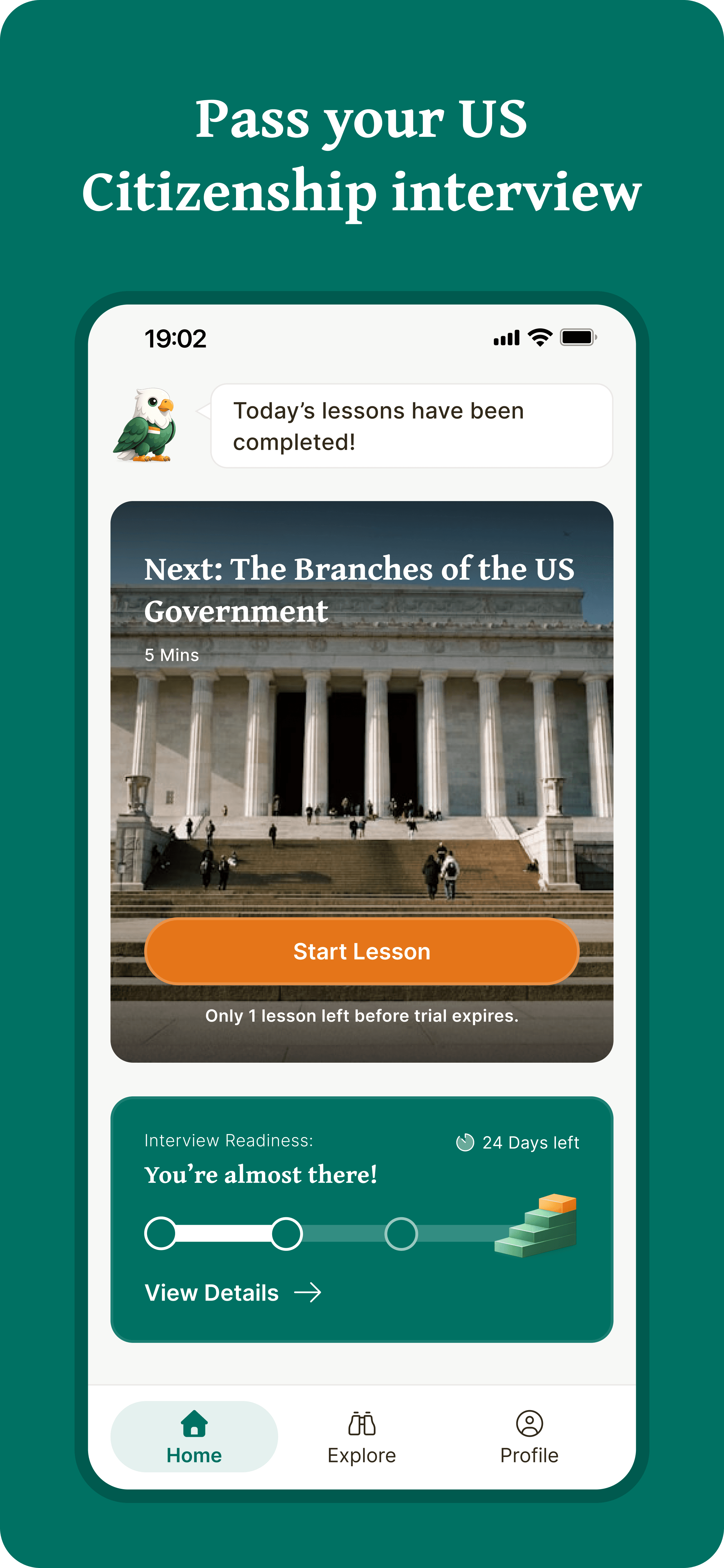 Pass your US Citizenship interview — home screen with readiness tracker